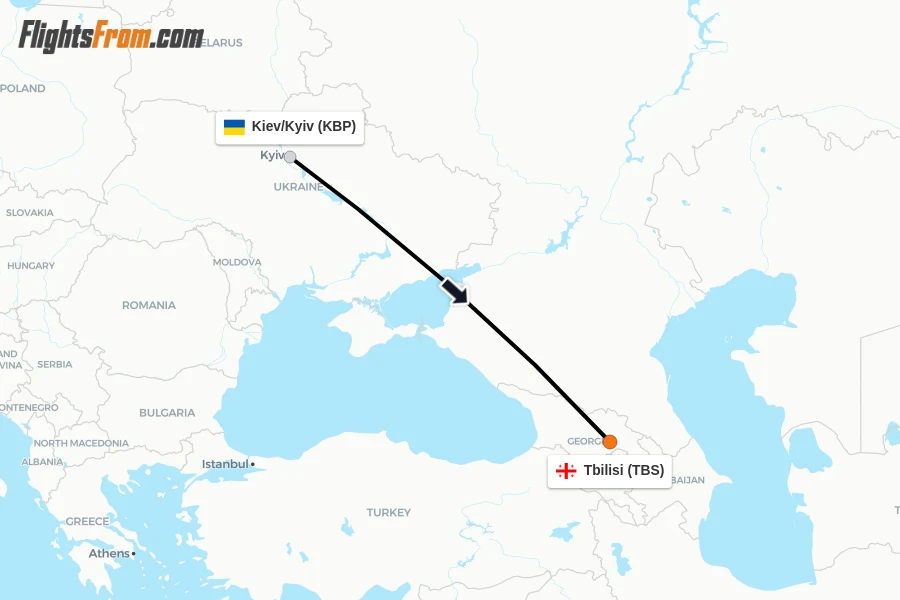 Flights from Kiev/Kyiv to Tbilisi route map