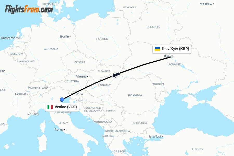 Flights from Kiev/Kyiv to Venice route map