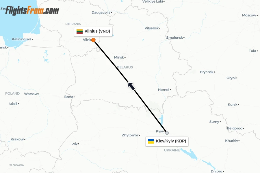 Flights from Kiev/Kyiv to Vilnius route map