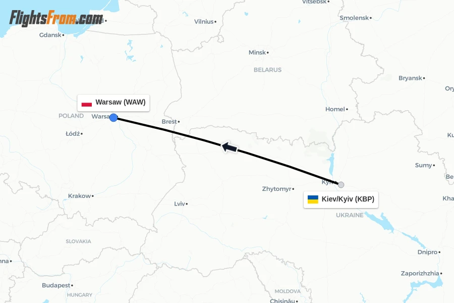 Flights from Kiev/Kyiv to Warsaw route map