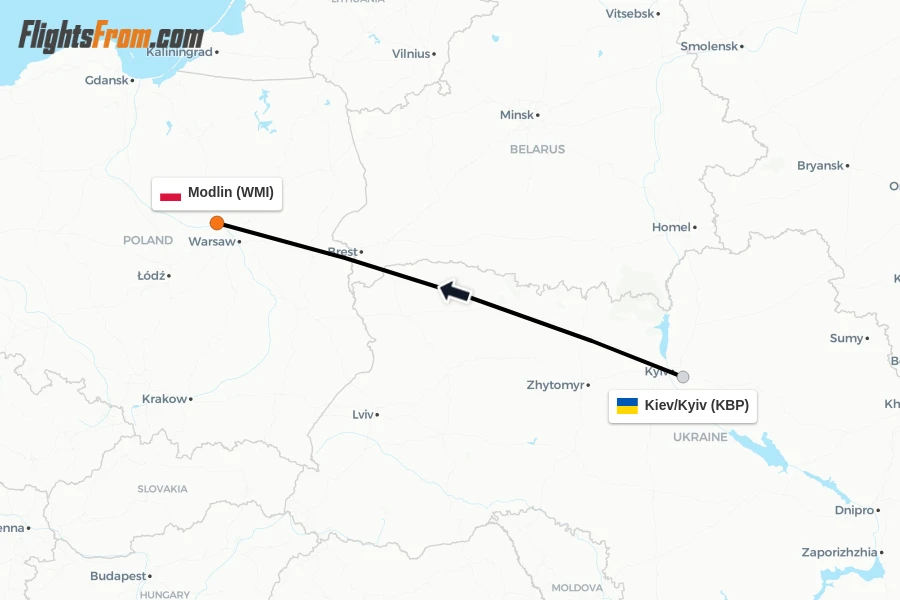 Flights from Kiev/Kyiv to Modlin route map