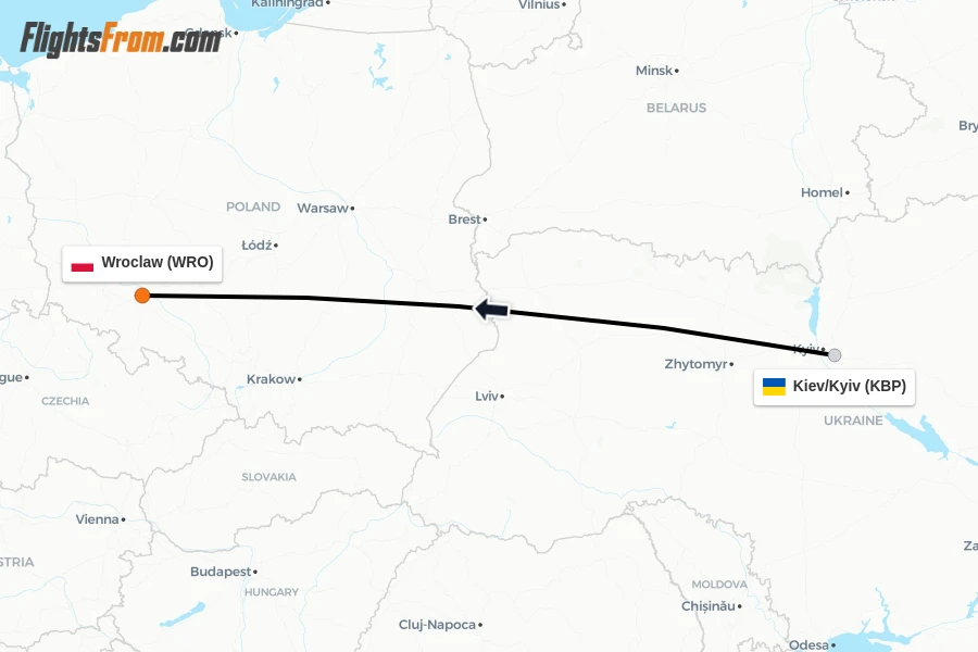 Flights from Kiev/Kyiv to Wroclaw route map
