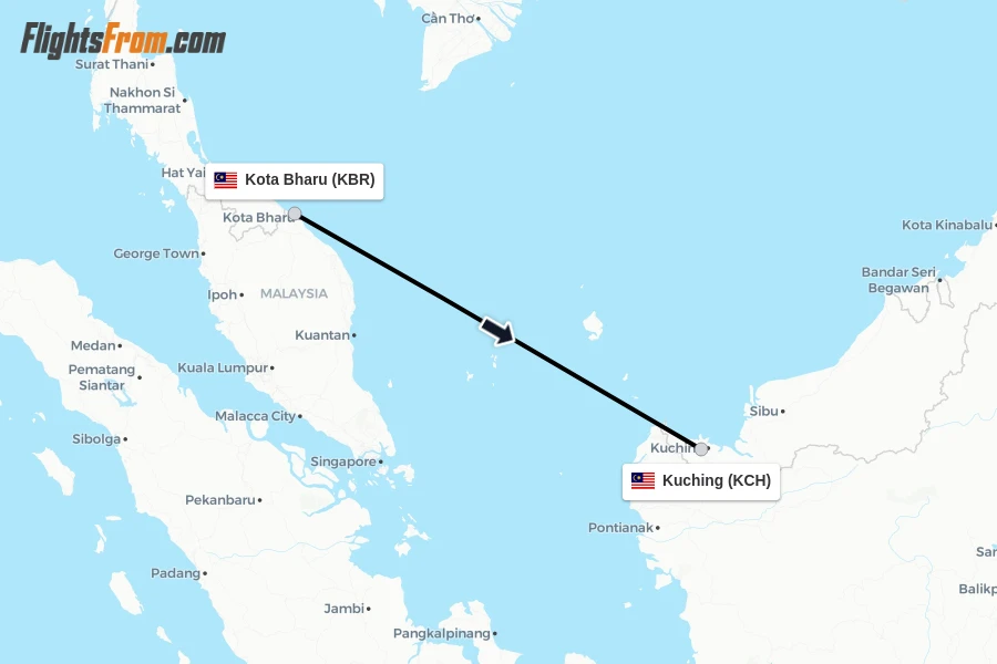 Flights from Kota Bharu to Kuching route map