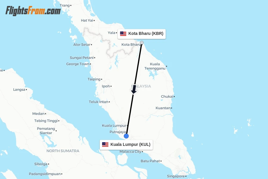 Flights from Kota Bharu to Kuala Lumpur route map