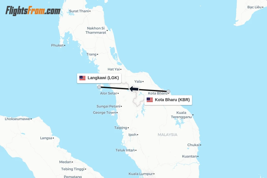 Flights from Kota Bharu to Langkawi route map