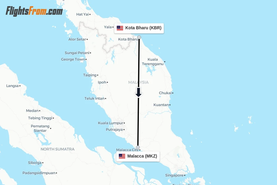 Flights from Kota Bharu to Malacca route map