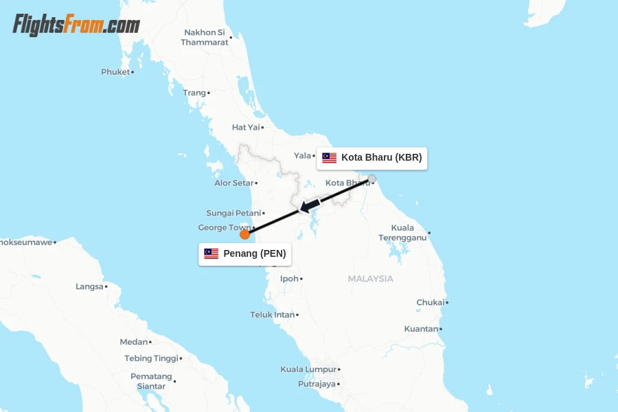 Flights from Kota Bharu to Penang route map
