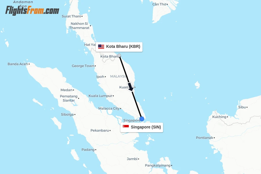Flights from Kota Bharu to Singapore route map