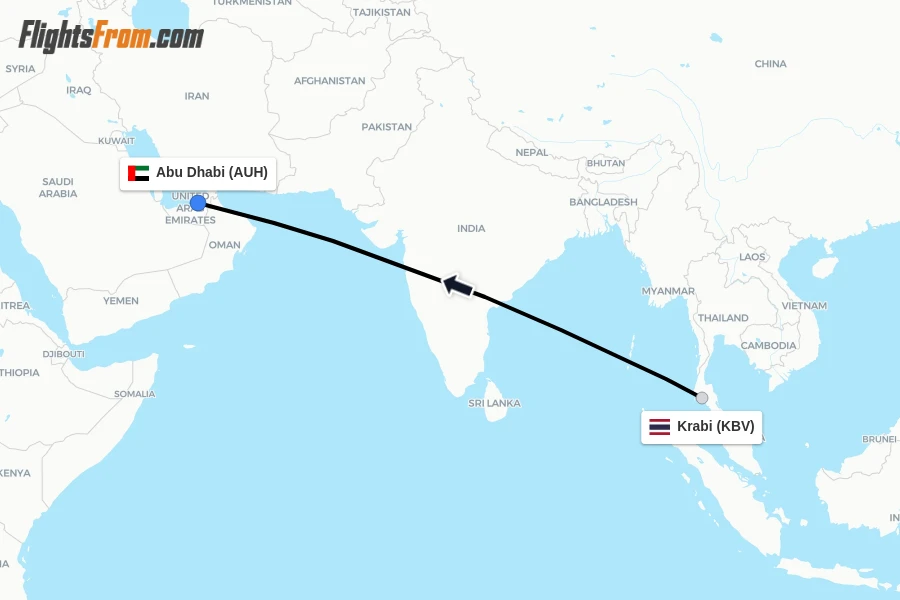 Flights from Krabi to Abu Dhabi route map
