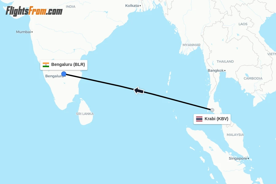 Flights from Krabi to Bengaluru route map