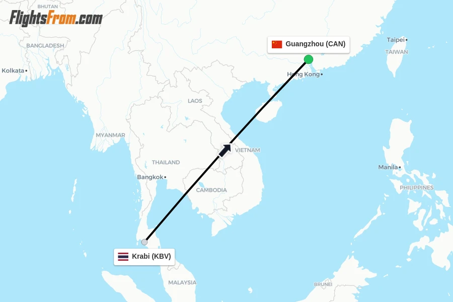 Flights from Krabi to Guangzhou route map