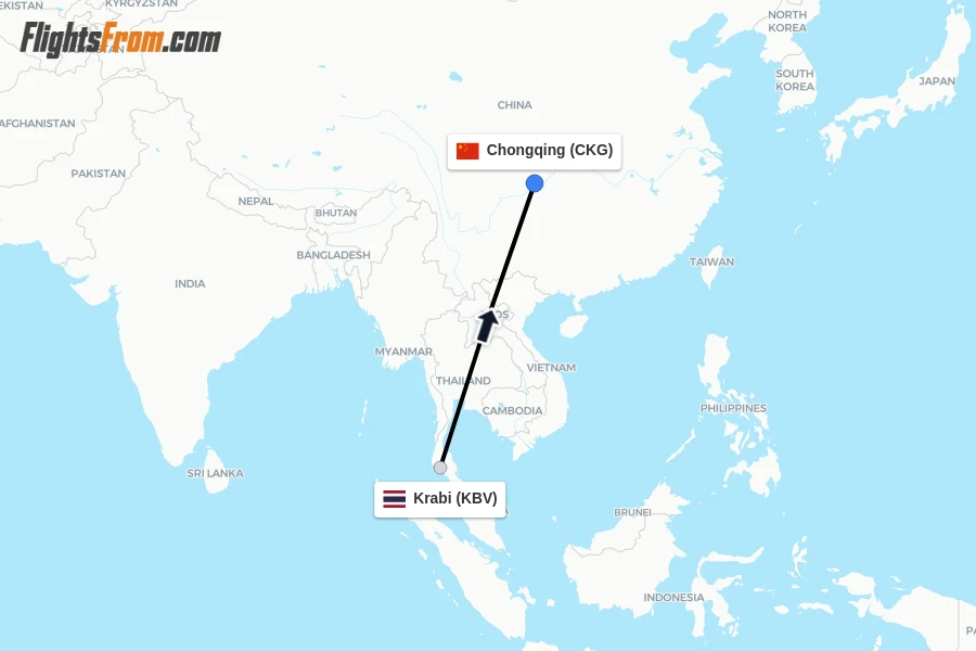 Flights from Krabi to Chongqing route map