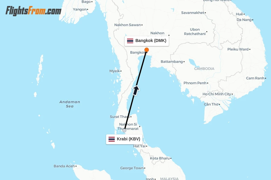 Flights from Krabi to Bangkok route map