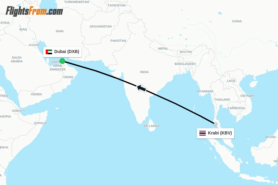 Flights from Krabi to Dubai route map