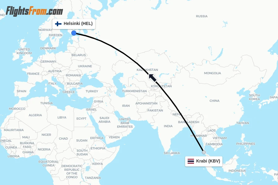 Flights from Krabi to Helsinki route map