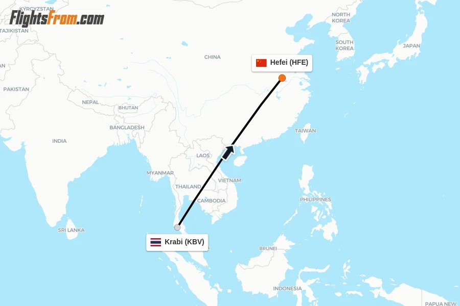 Flights from Krabi to Hefei route map
