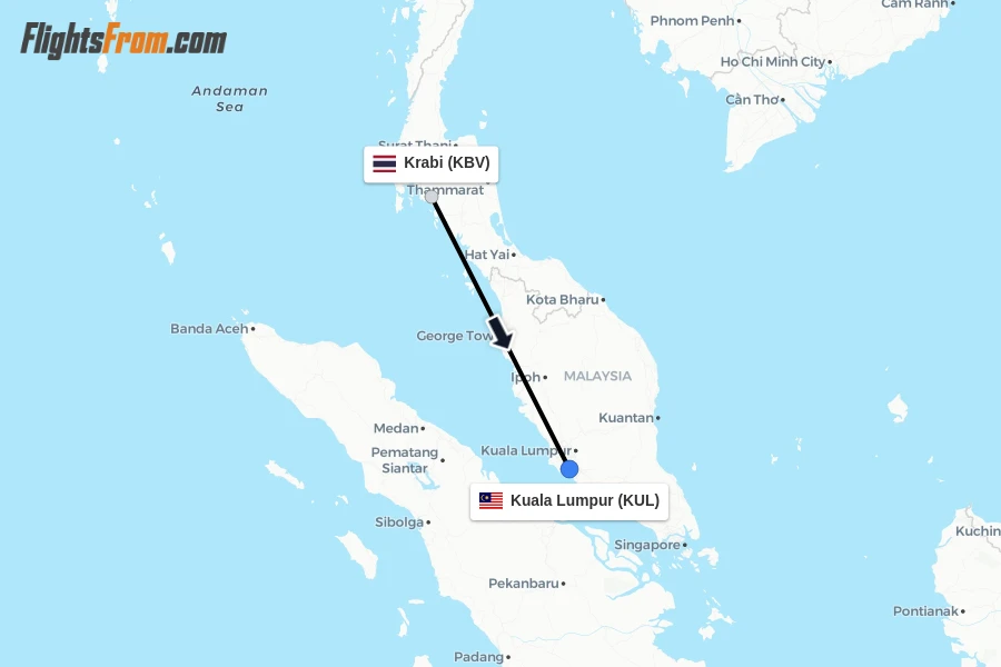 Flights from Krabi to Kuala Lumpur route map