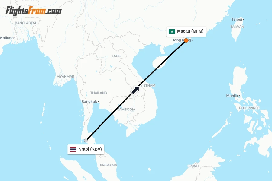 Flights from Krabi to Macau route map