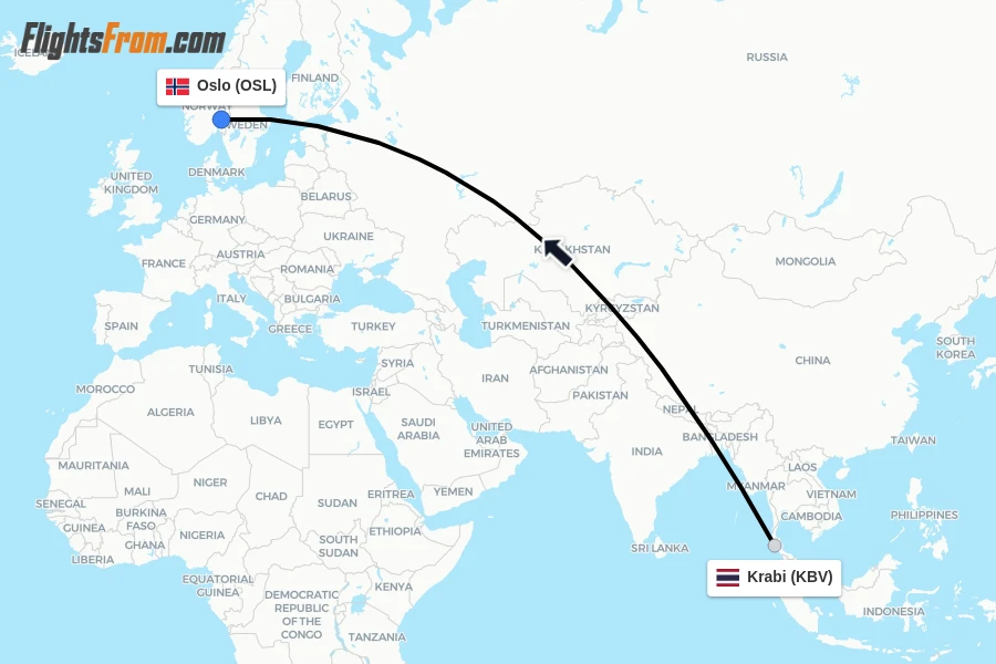 Flights from Krabi to Oslo route map