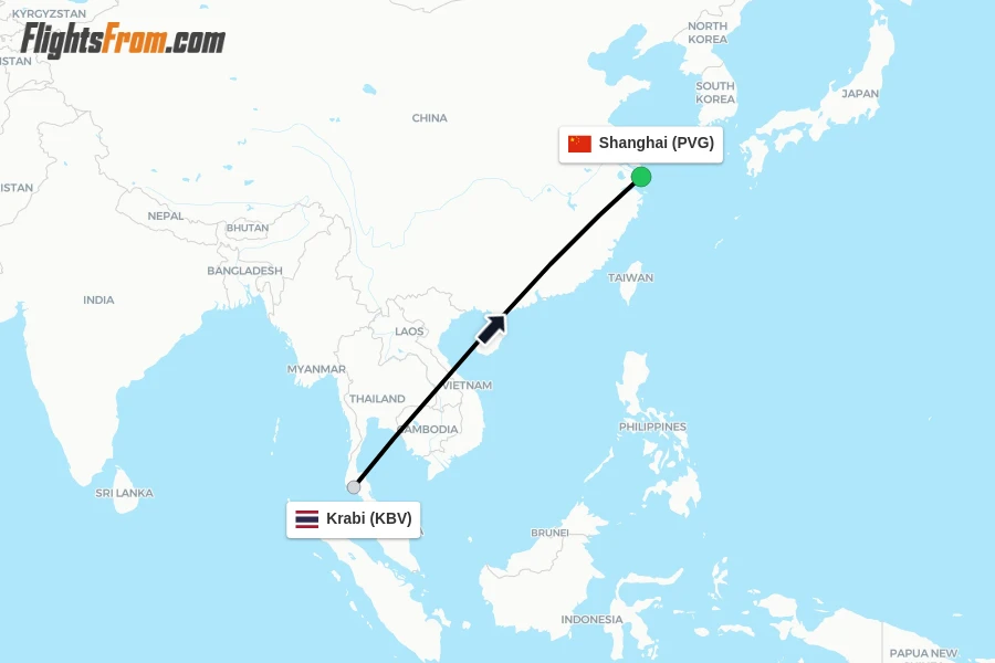 Flights from Krabi to Shanghai route map