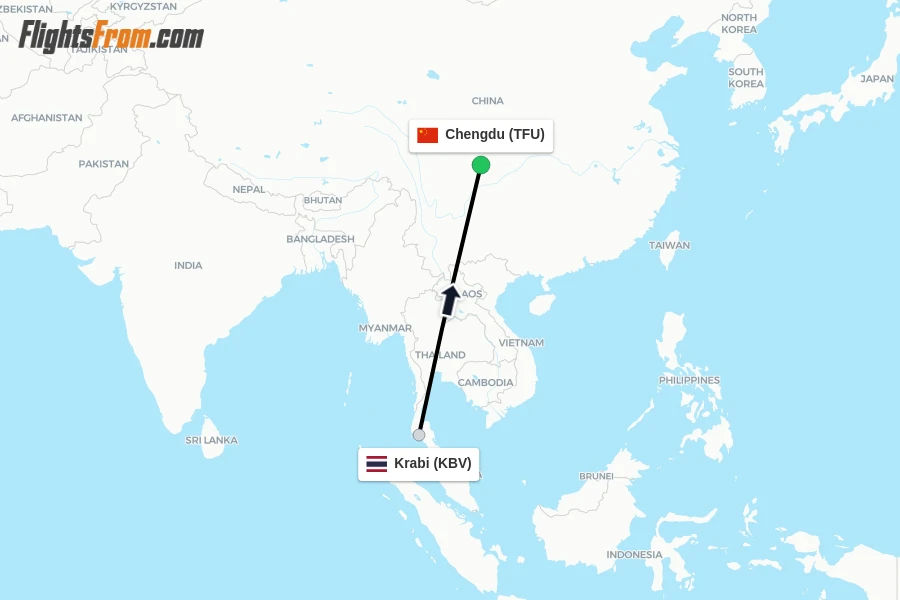 Flights from Krabi to Chengdu route map