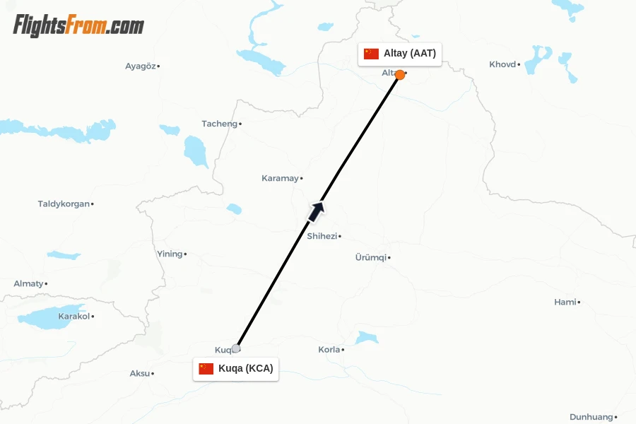 Flights from Kuqa to Altay route map