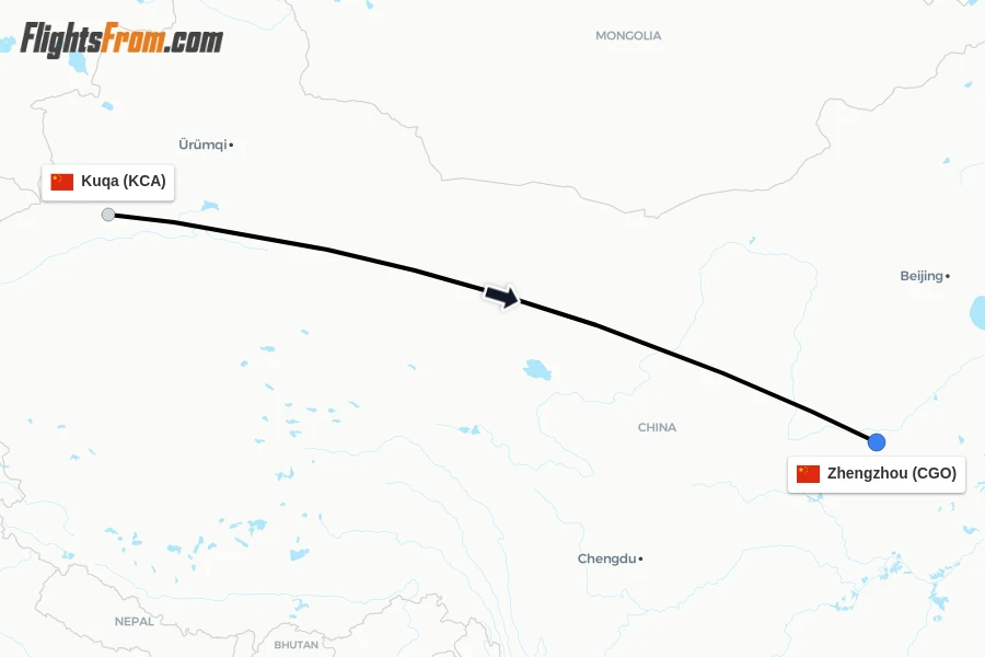 Flights from Kuqa to Zhengzhou route map