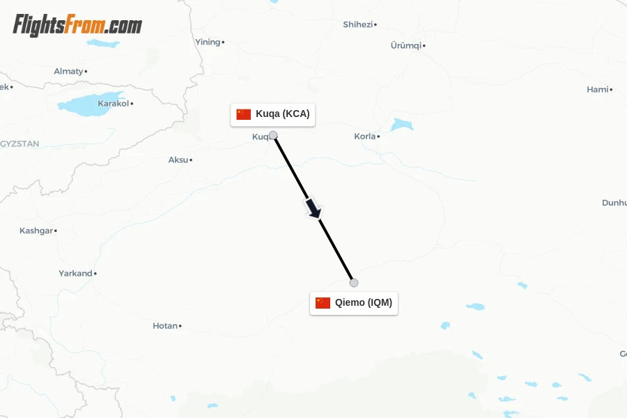 Flights from Kuqa to Qiemo route map