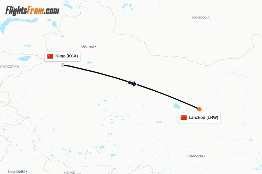 Flights from Kuqa to Lanzhou route map