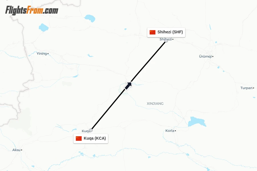 Flights from Kuqa to Shihezi route map