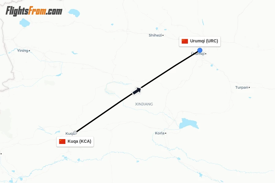 Flights from Kuqa to Urumqi route map