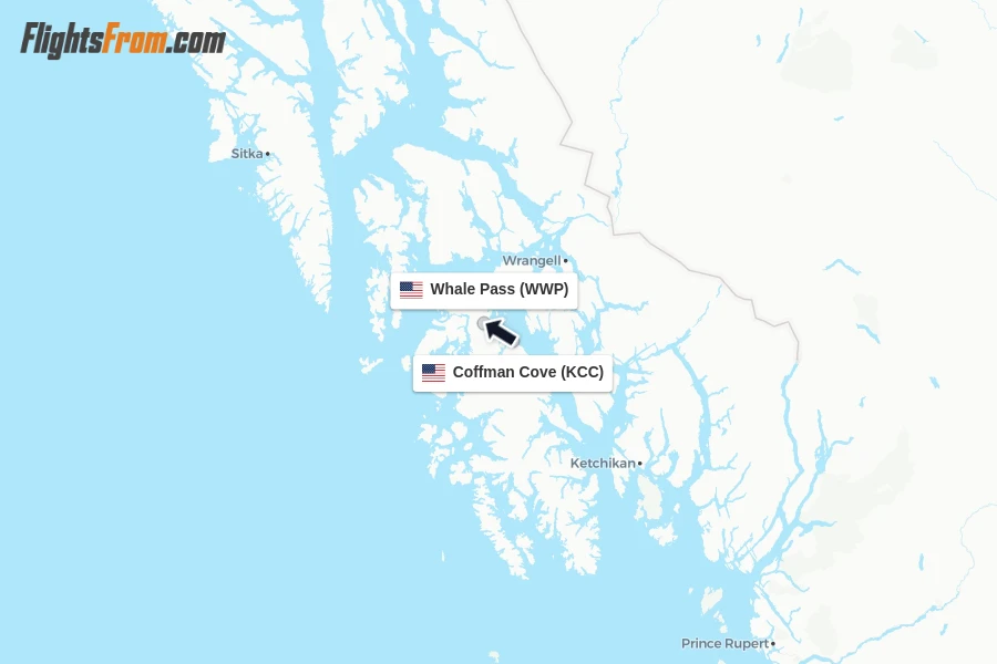 Flights from Coffman Cove to Whale Pass route map