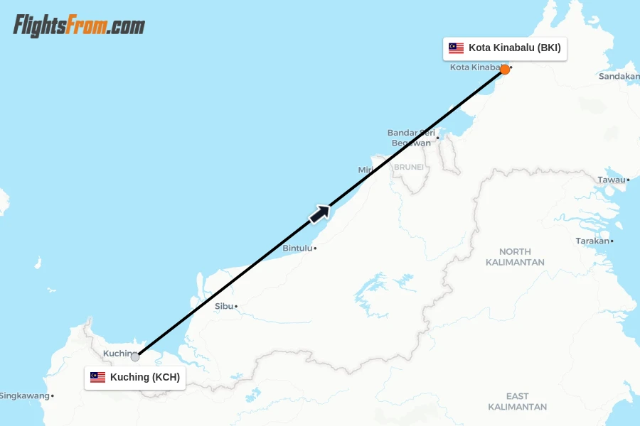 Flights from Kuching to Kota Kinabalu route map