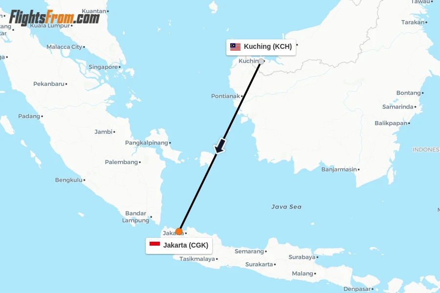 Flights from Kuching to Jakarta route map