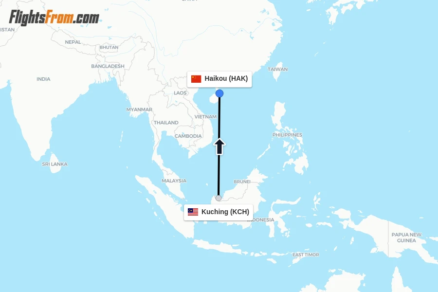 Flights from Kuching to Haikou route map