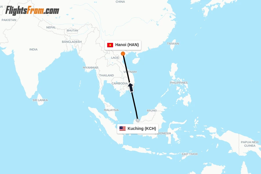 Flights from Kuching to Hanoi route map