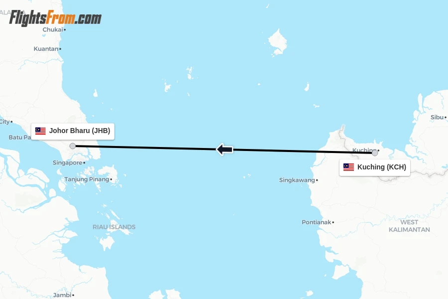 Flights from Kuching to Johor Bharu route map