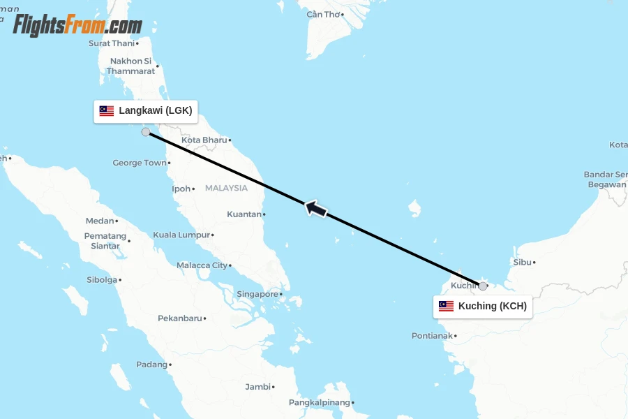 Flights from Kuching to Langkawi route map