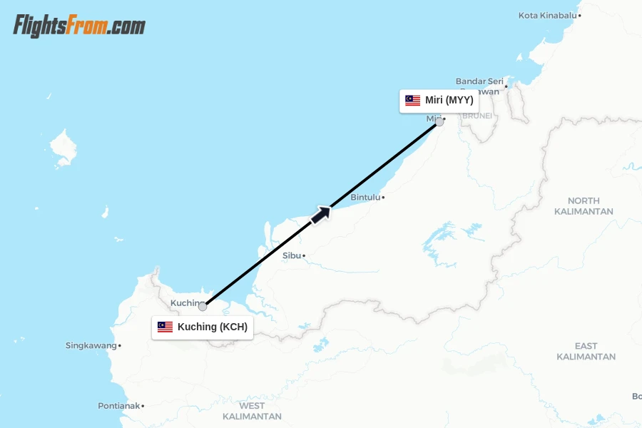 Flights from Kuching to Miri route map