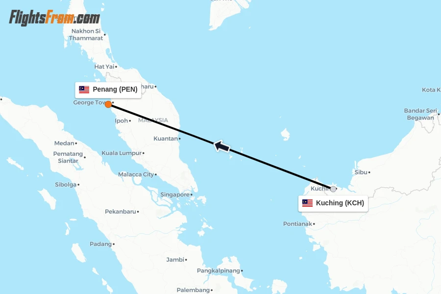 Flights from Kuching to Penang route map