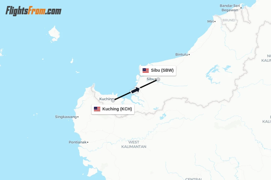 Flights from Kuching to Sibu route map