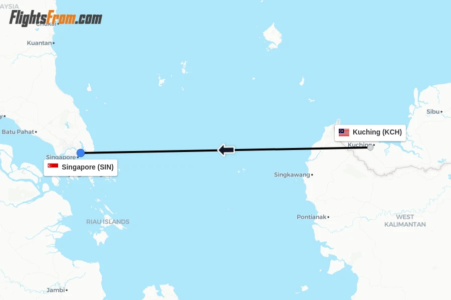Flights from Kuching to Singapore route map