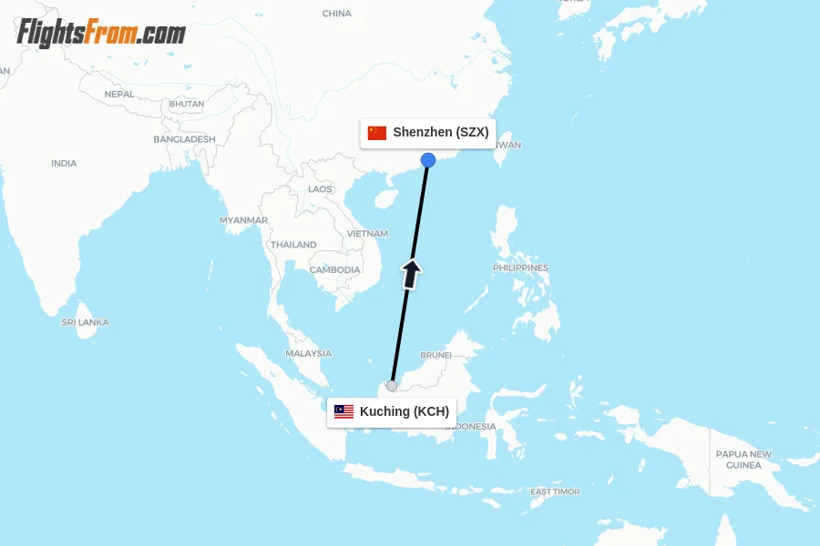 Flights from Kuching to Shenzhen route map