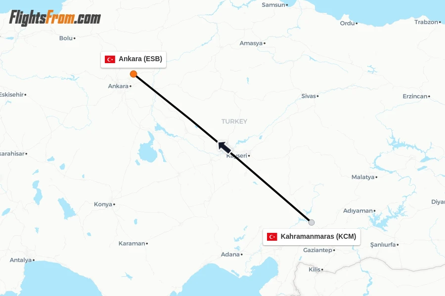 Flights from Kahramanmaras to Ankara route map