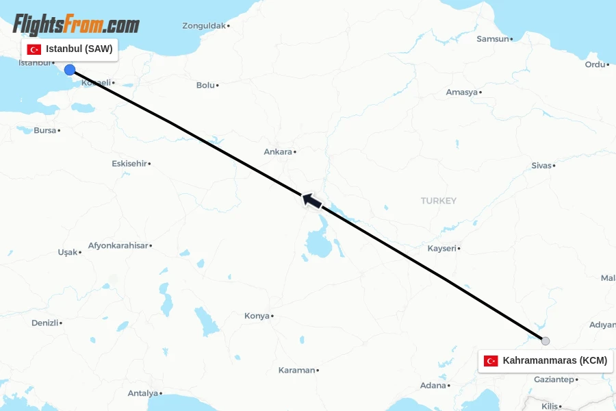 Flights from Kahramanmaras to Istanbul route map