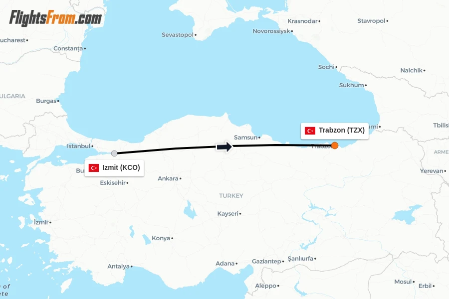 Flights from Izmit to Trabzon route map