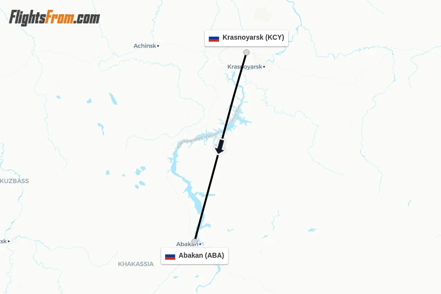 Flights from Krasnoyarsk to Abakan route map