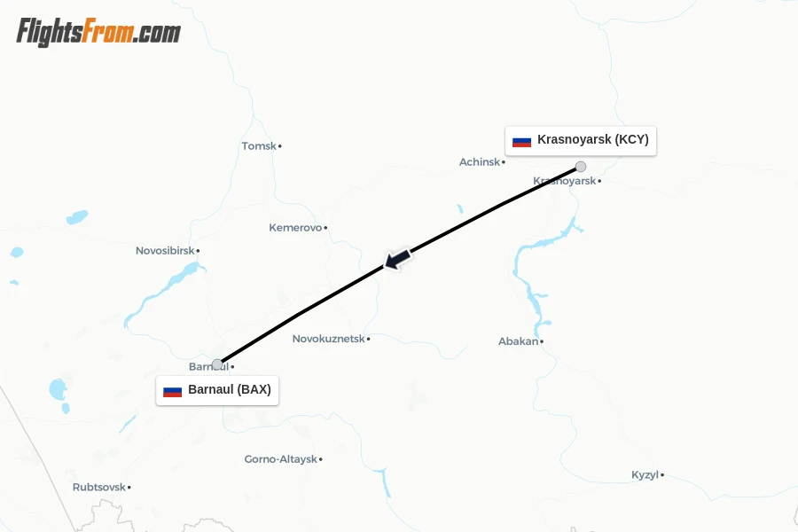 Flights from Krasnoyarsk to Barnaul route map