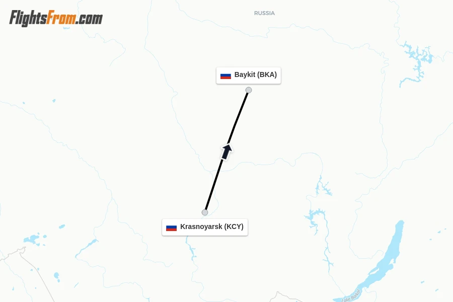 Flights from Krasnoyarsk to Baykit route map