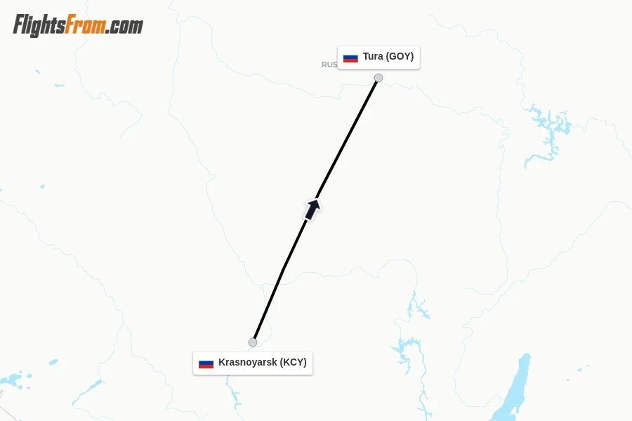 Flights from Krasnoyarsk to Tura route map